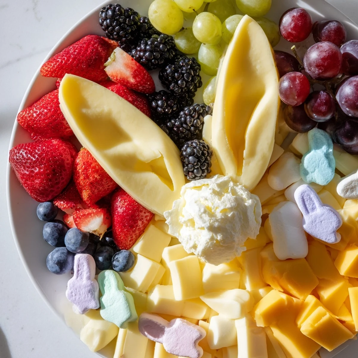 Vibrant Bunny Ears Easter Board overflowing with colorful fruits, cheeses, and crackers for a festive snack.