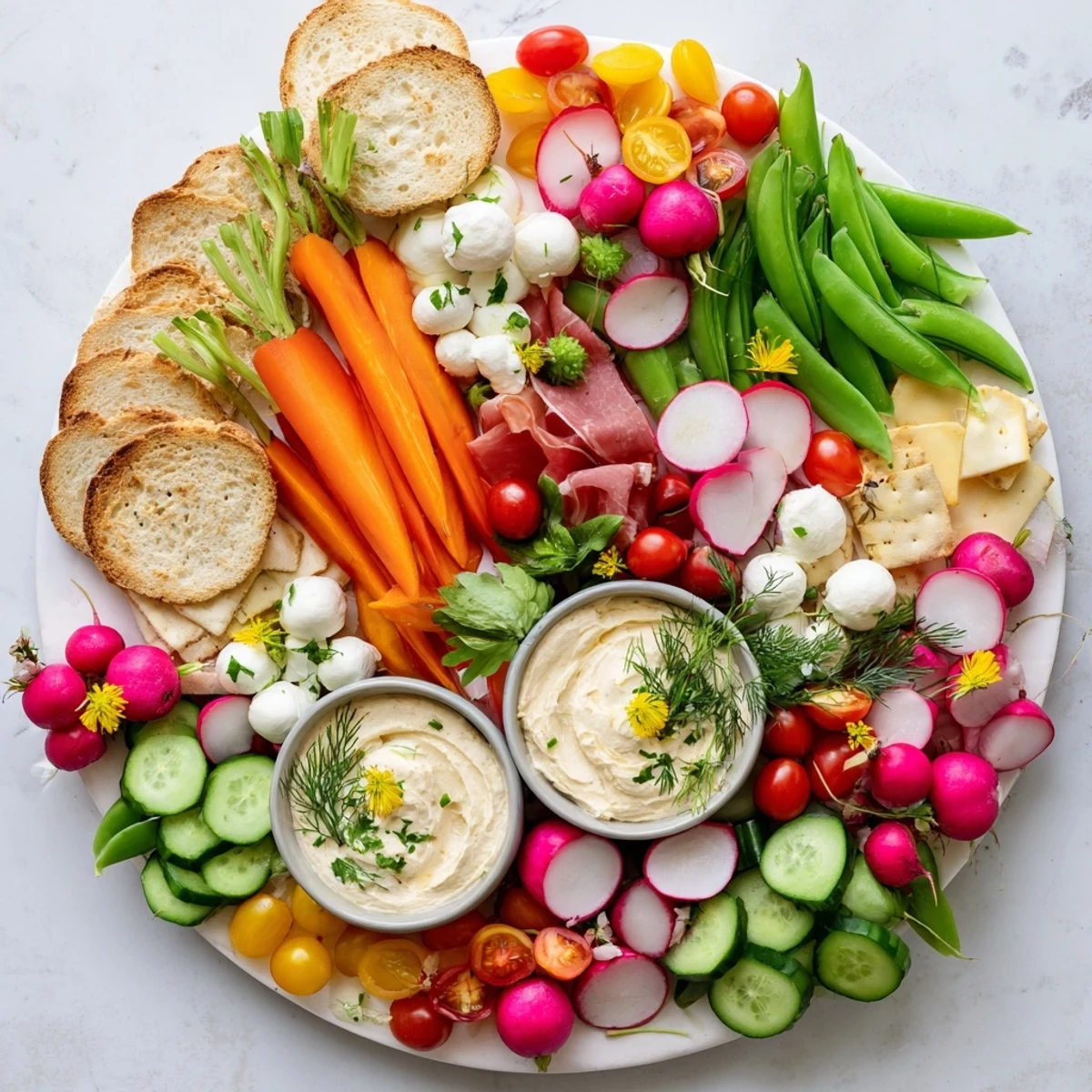 Vibrant Spring Wreath Appetizer Platter featuring radishes, cheeses, and herbs, perfect for springtime entertaining.