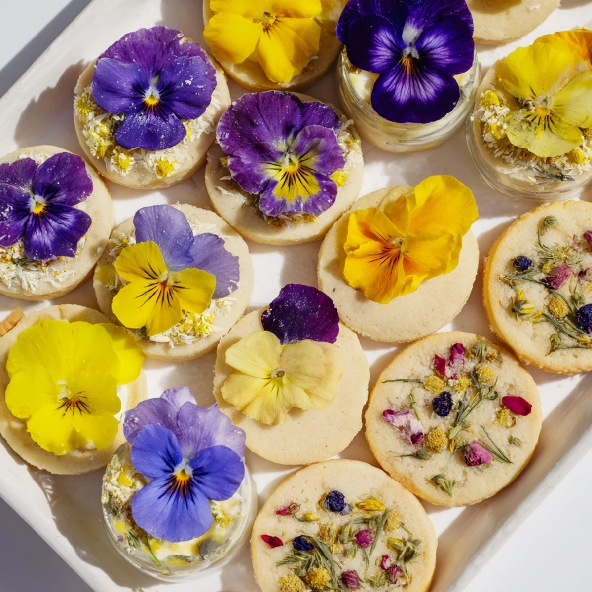This Spring Flower Dessert Tray features shortbread, mini cakes, parfaits, and edible flower garnishes.