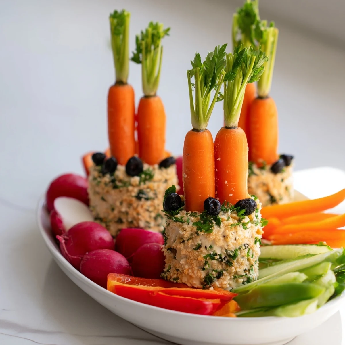 Vibrant carrot patch veggie board: Fresh carrots arranged in creamy hummus "soil," perfect for spring.