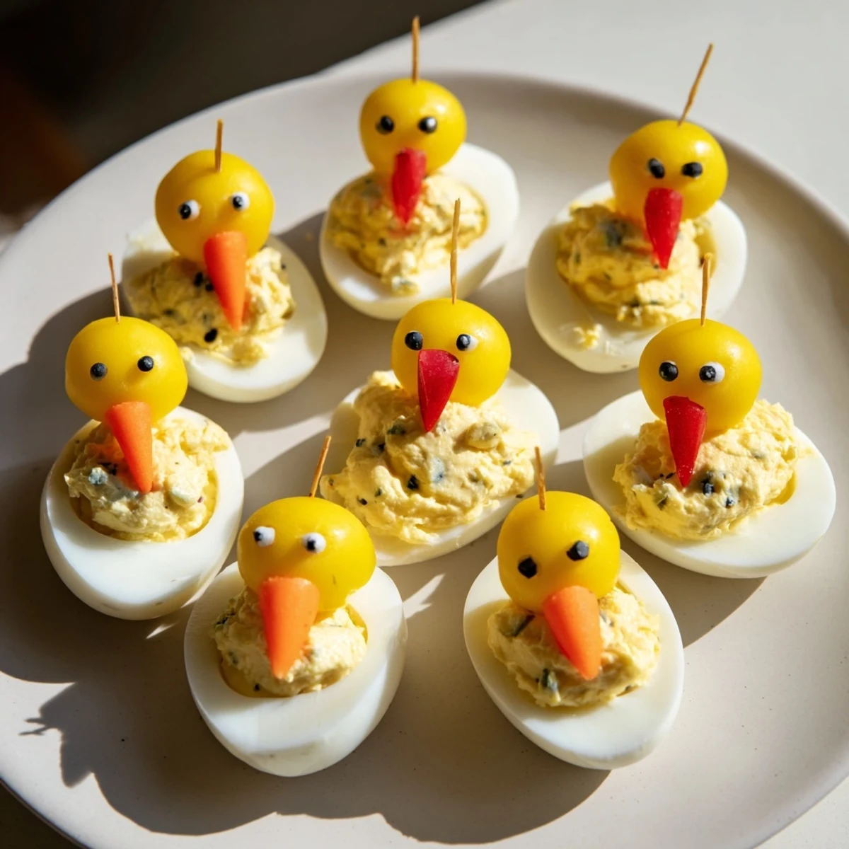 Cute Chick & Duckling Snacks: creamy egg and cheese bites shaped like adorable spring creations.