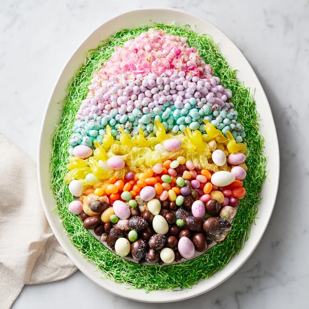 Vibrant Egg-Shaped Candy Platter boasting an array of festive Easter treats, perfect for celebrations right now.