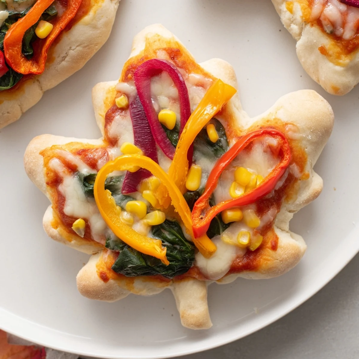 Golden-brown Fall Foliage Maple Leaf Mini Pizzas topped with colorful peppers and melted cheese, ready to eat.