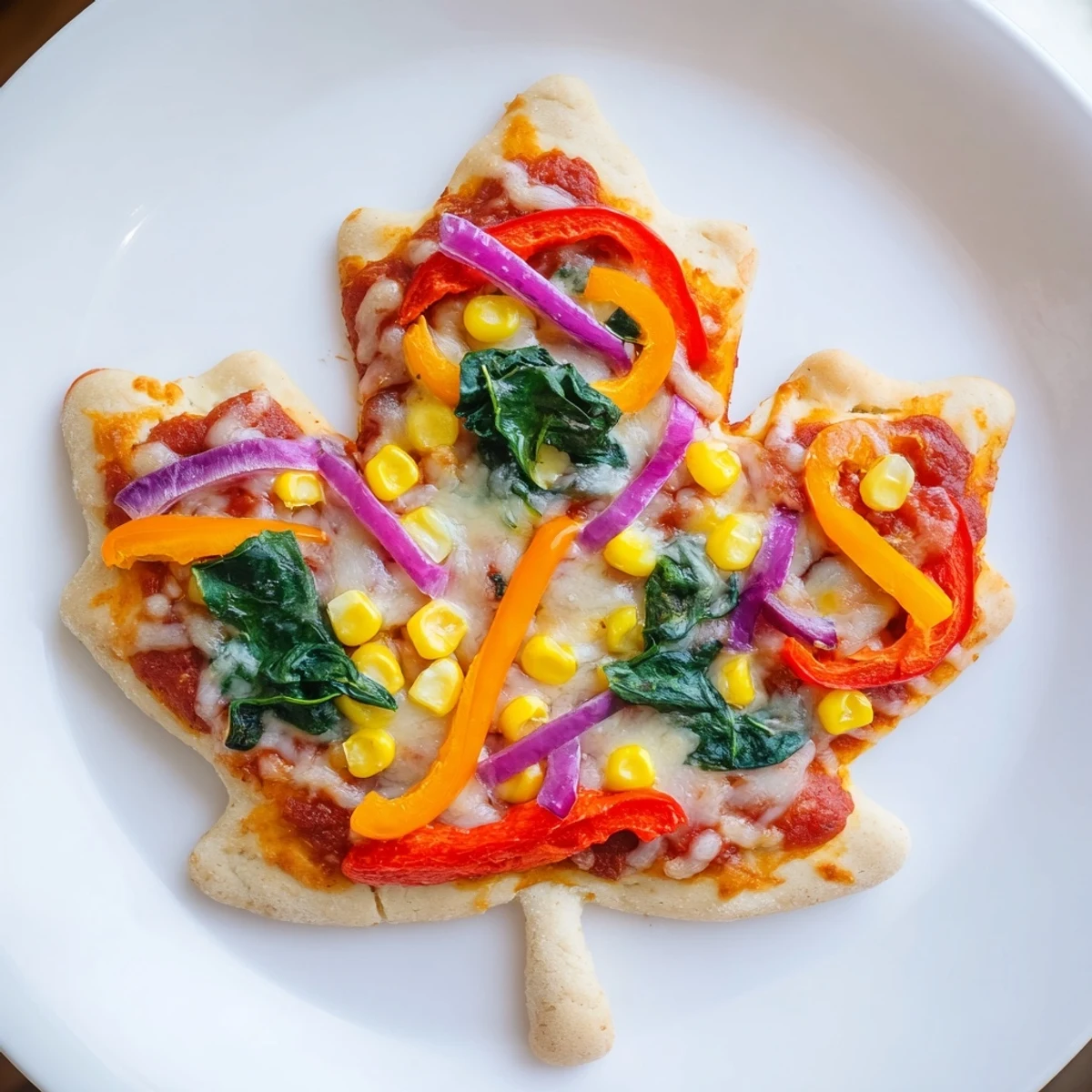Freshly baked and vibrant Fall Foliage Maple Leaf Mini Pizzas, ready to serve for the perfect autumn appetizer.
