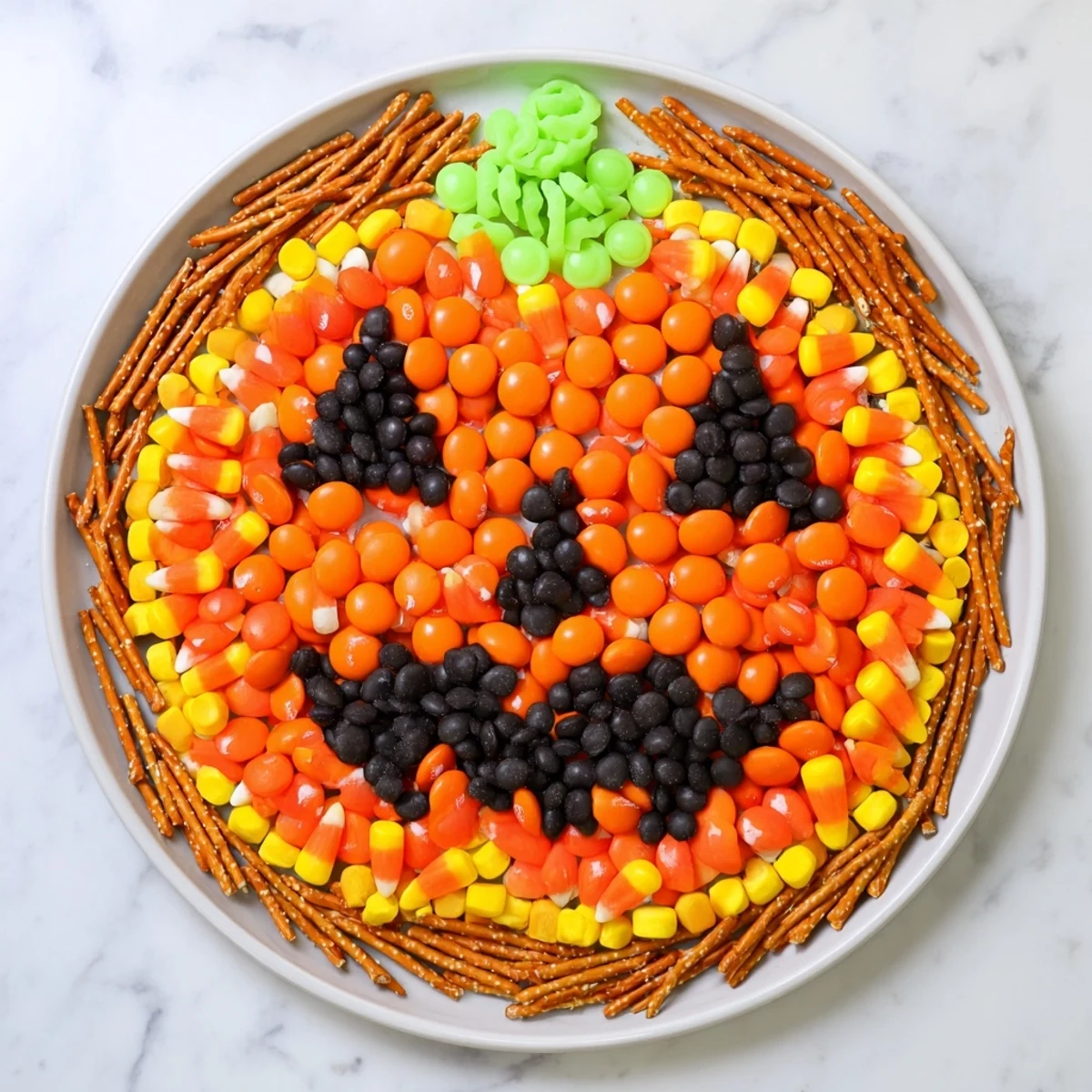 A colorful Jack-o-Lantern candy board, ready to serve, filled with assorted Halloween candies.