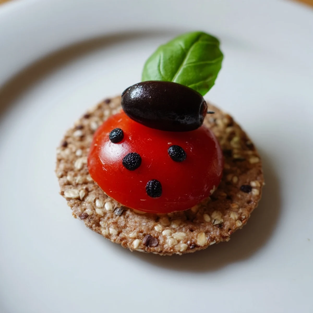 Ladybug Love Picnic Finger Foods with cherry tomato "wings" and black olive heads on crackers.