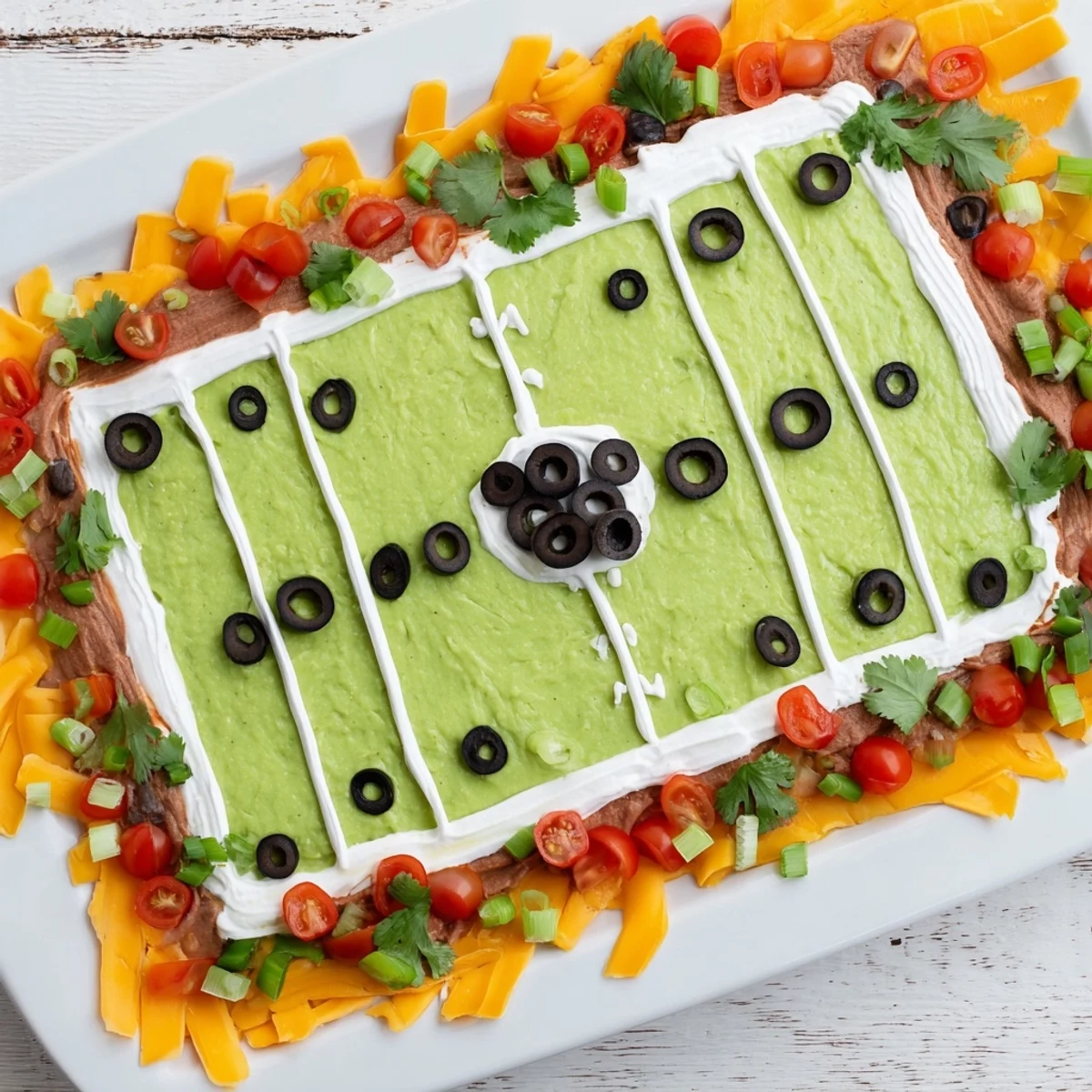 A vibrant Football Field Dip Platter, showing layers of creamy dips and colorful toppings.