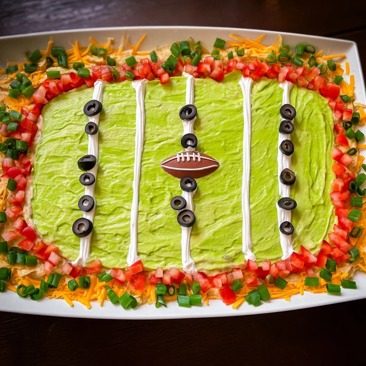 Delicious game-day Football Field Dip Platter with crisp tortilla chips ready for dipping and enjoying.