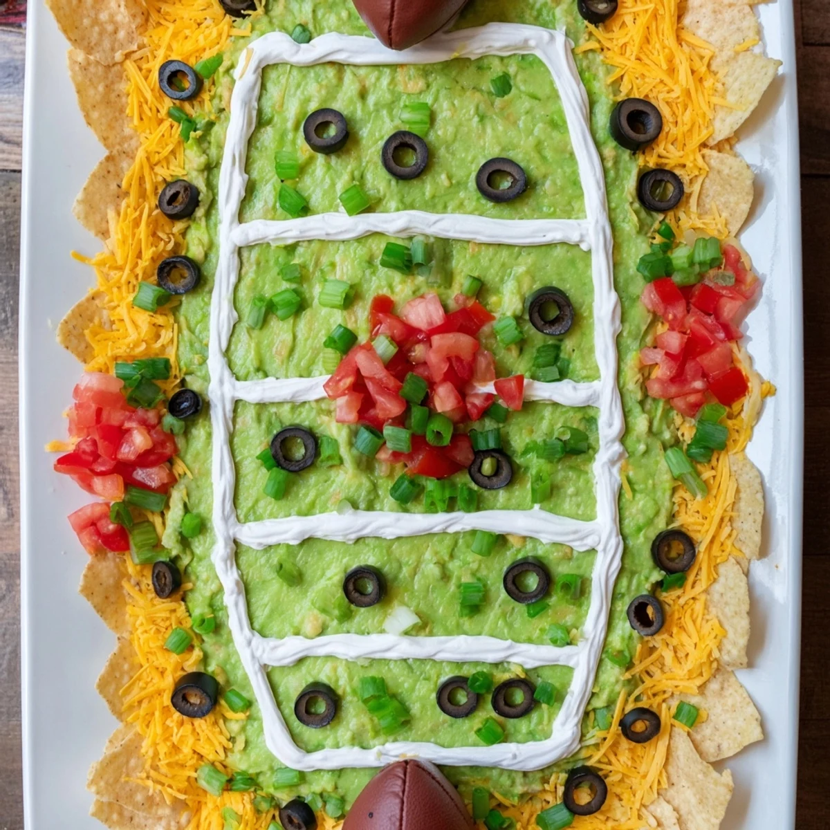 Freshly prepared Football Field Dip Platter with cheese and perfectly arranged football field lines.