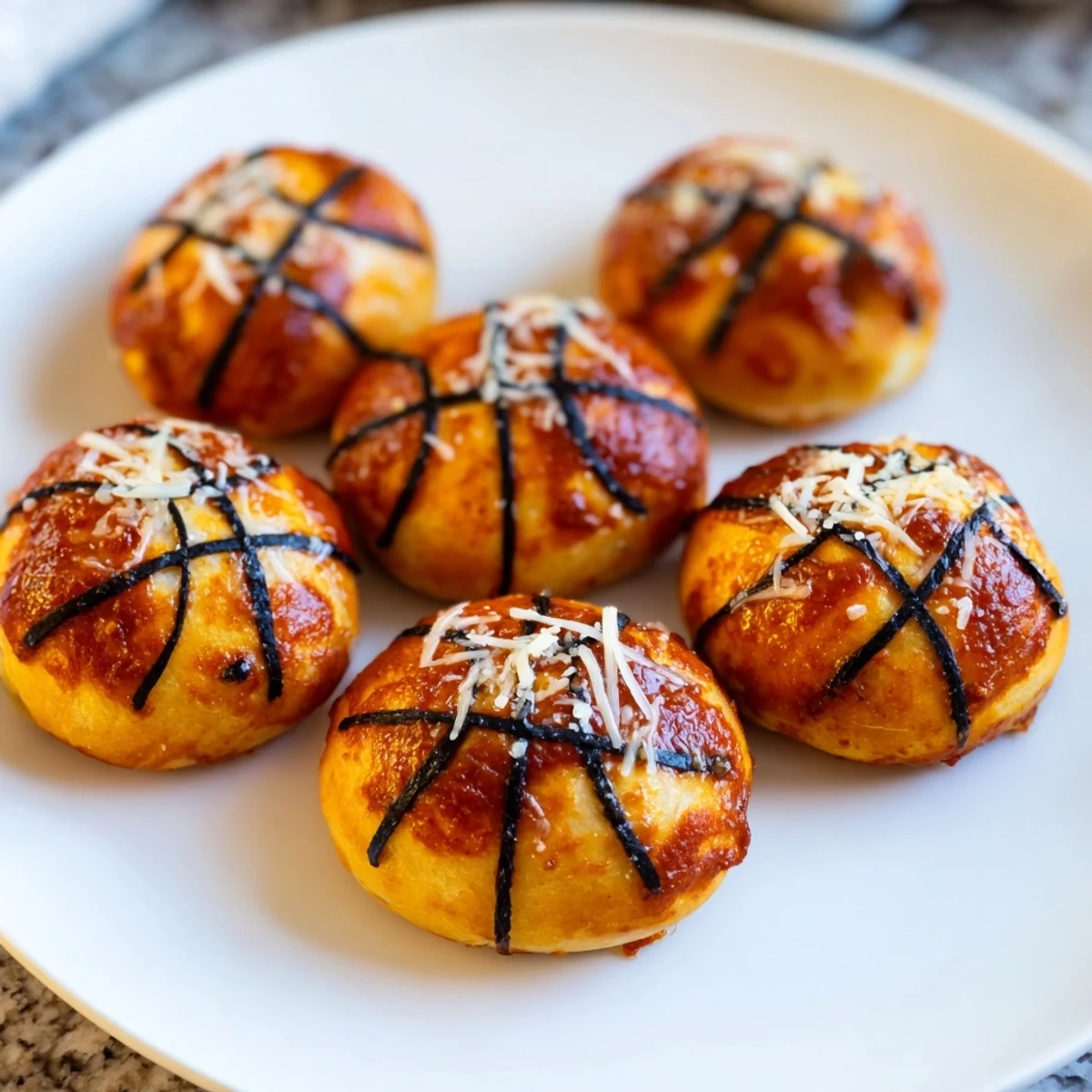Basketball Pizza Bites, golden brown with melted cheese, ready for game day snacking.