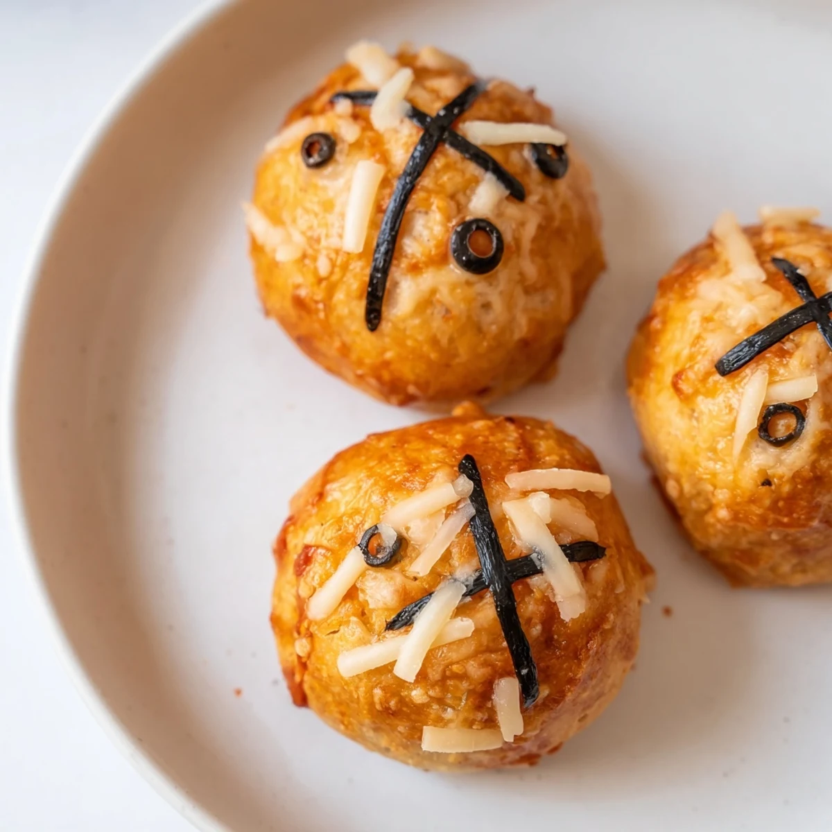 Miniature Basketball Pizza Bites, topped with Parmesan and black olive lines, fresh from the oven.
