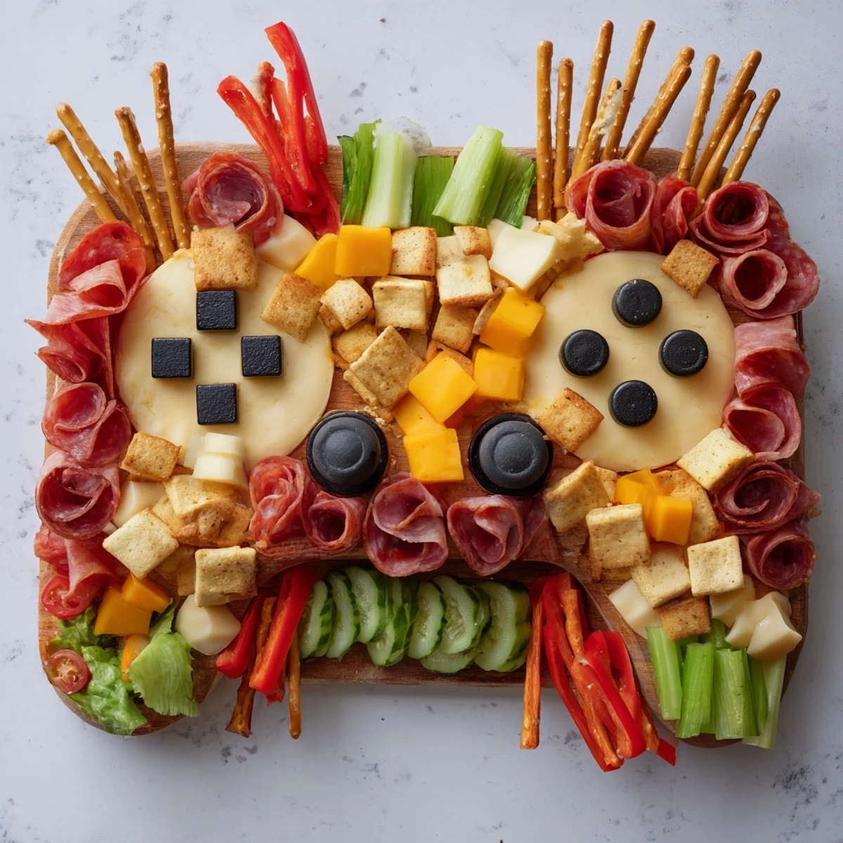 Delectable game night controller snack platter featuring colorful cheeses, meats, and veggies, ready to enjoy.