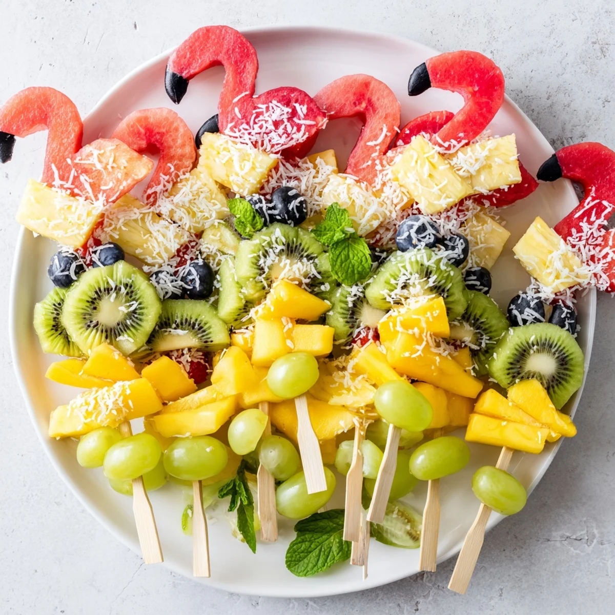 Cool, refreshing Flamingo Fruit Skewer Platter, a visually appealing appetizer or dessert option.