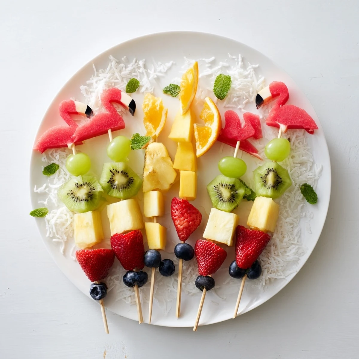 A refreshing close-up of the bright and beautiful Flamingo Fruit Skewer Platter, perfect for sharing.