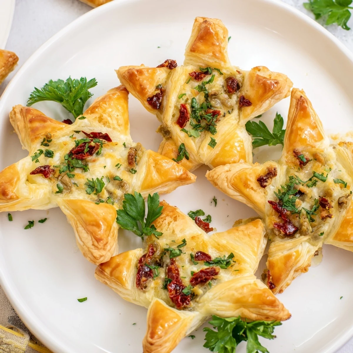 Close-up of baked Olive and Sundried Tomato Star Garland, showing the chopped olives, tomatoes, and golden pastry.