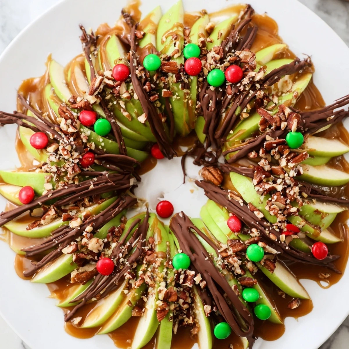 Freshly drizzled caramel coats an enticing Caramel Apple Slice Christmas Wreath, scattered with festive sprinkles and nuts.