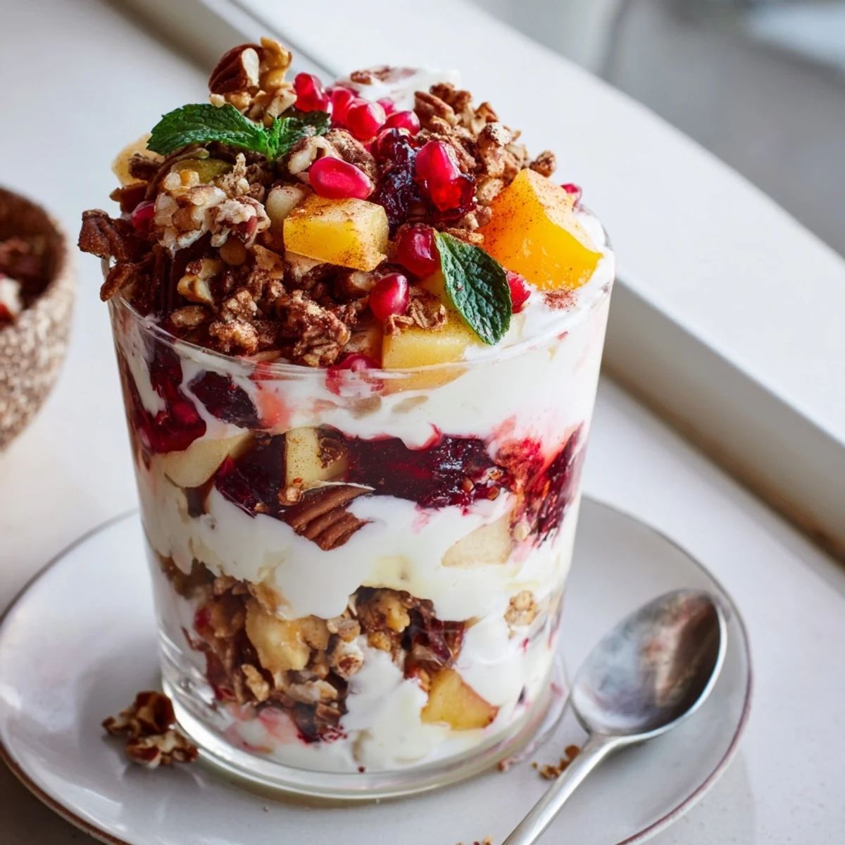 Festive Christmas Pudding Yogurt Parfait Bar layers, with creamy yogurt and spiced Christmas pudding crumbles.