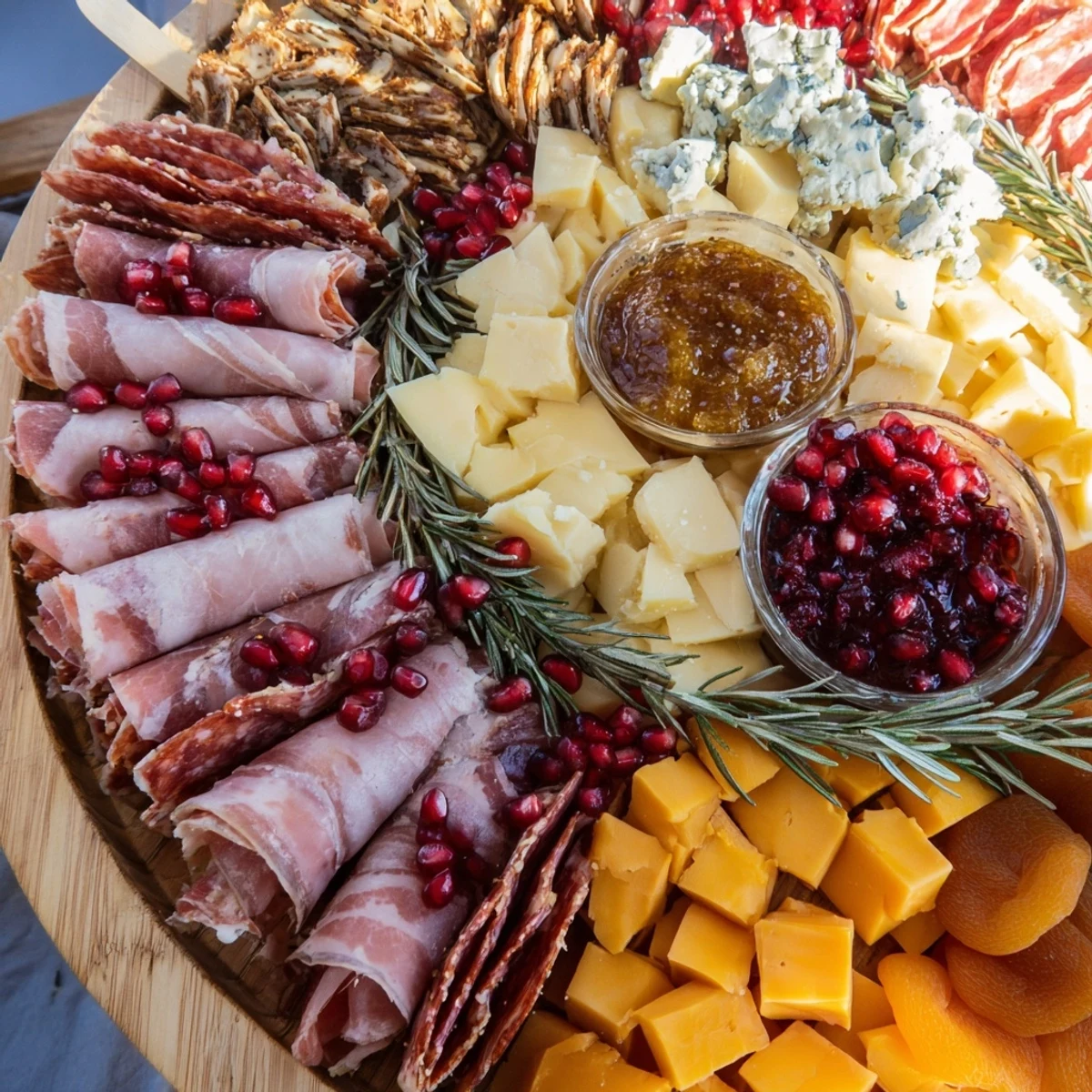This Winter Forest Charcuterie Scene offers a savory feast, featuring smoky meats and creamy cheeses, ready to serve with crackers.