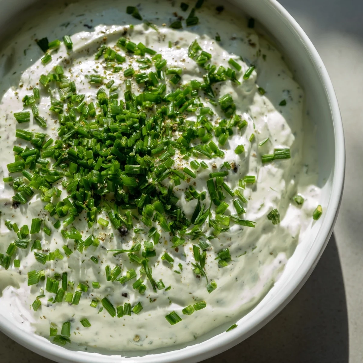 Bright green diced chives top a smooth veggie ranch dip, ready for an easy appetizer.