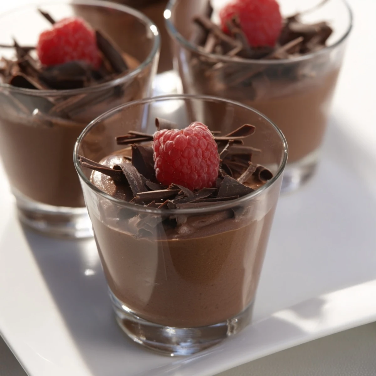 Smooth, rich chocolate mousse dessert cups, garnished with fresh berries ready for a special occasion.