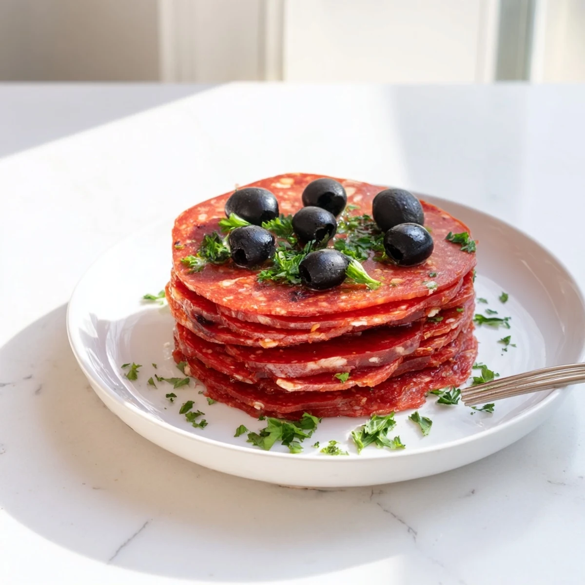 Sliced pepperoni with olive halves: a colorful appetizer, savory pepperoni topped with briny olives ready to eat.