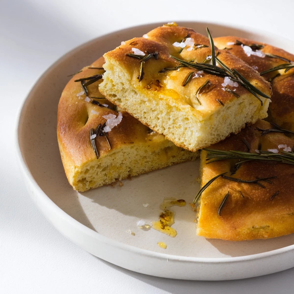 Golden-crusted holiday bread: Sliced focaccia with rosemary, ready to serve and enjoy.