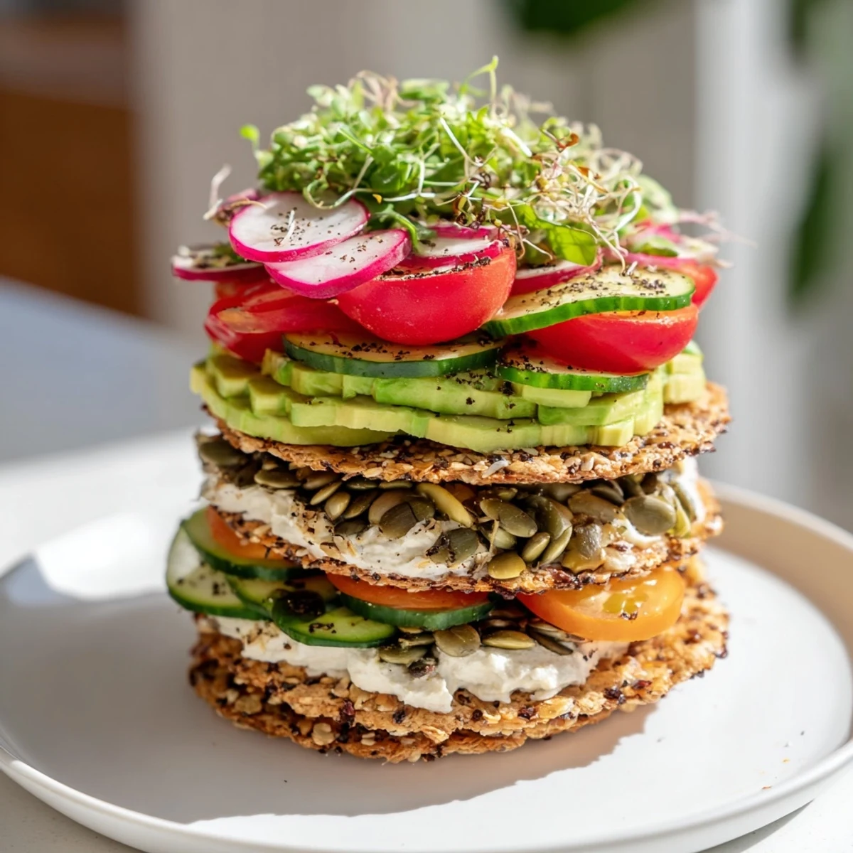 A stunning Gluten-Free Gourmet Tower with vibrant toppings, perfectly layered for a visual treat.