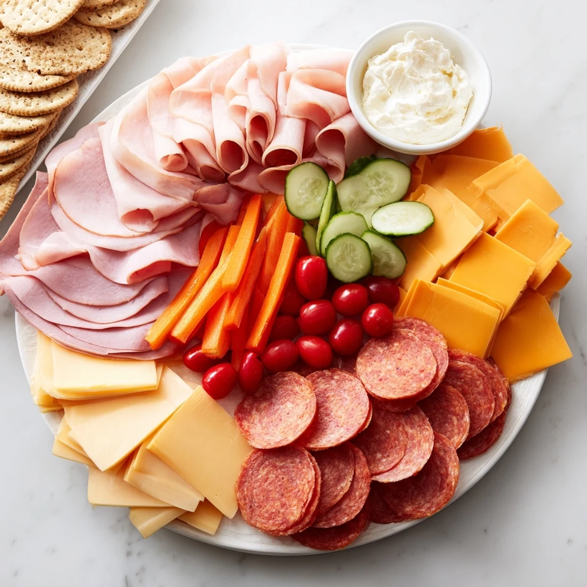 This vibrant budget-friendly family spread includes a delightful arrangement of ham, cheddar, and fresh vegetable sticks.