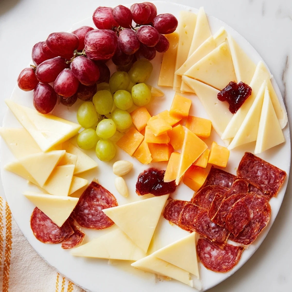 A beautifully arranged Geometric Gala charcuterie board, displaying vibrant, geometrically cut meats and cheeses.