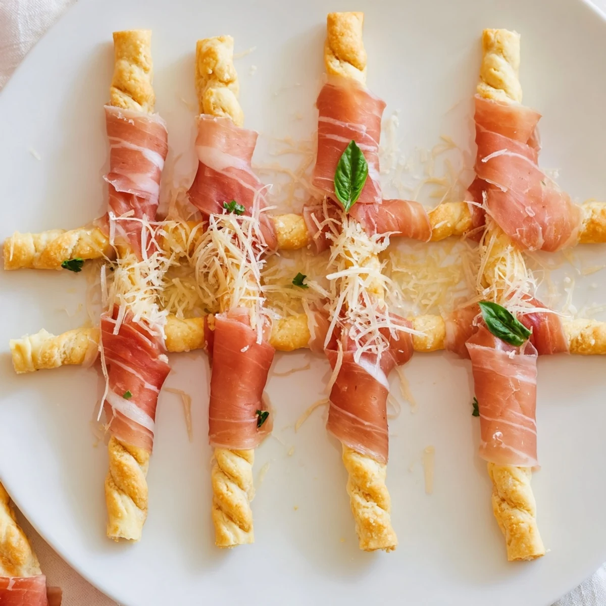 A visually stunning Golden Gate appetizer: breadstick towers connected by savory prosciutto ribbons, ready to eat.