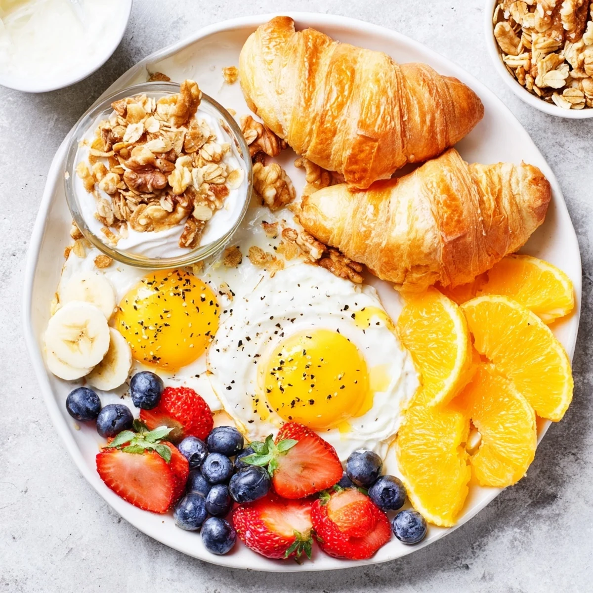 Vibrant Soleil Matinal Breakfast Platter with fresh fruit, toasted bread, and perfectly cooked eggs.