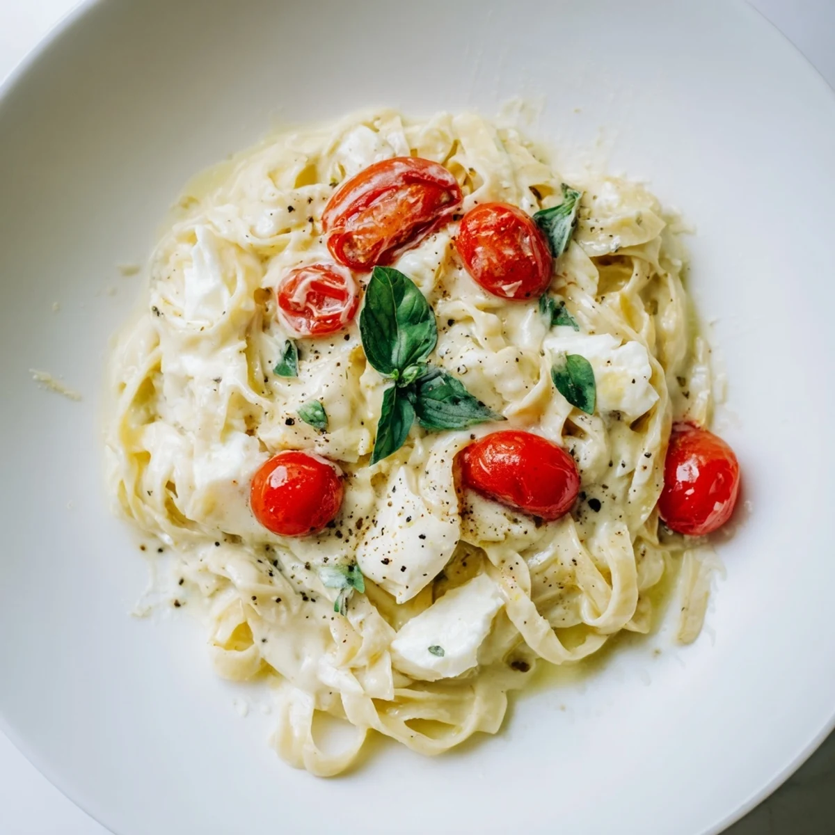 Creamy Baked Brie Pasta Sauce, with melted brie and roasted tomatoes over fettuccine, ready to serve.