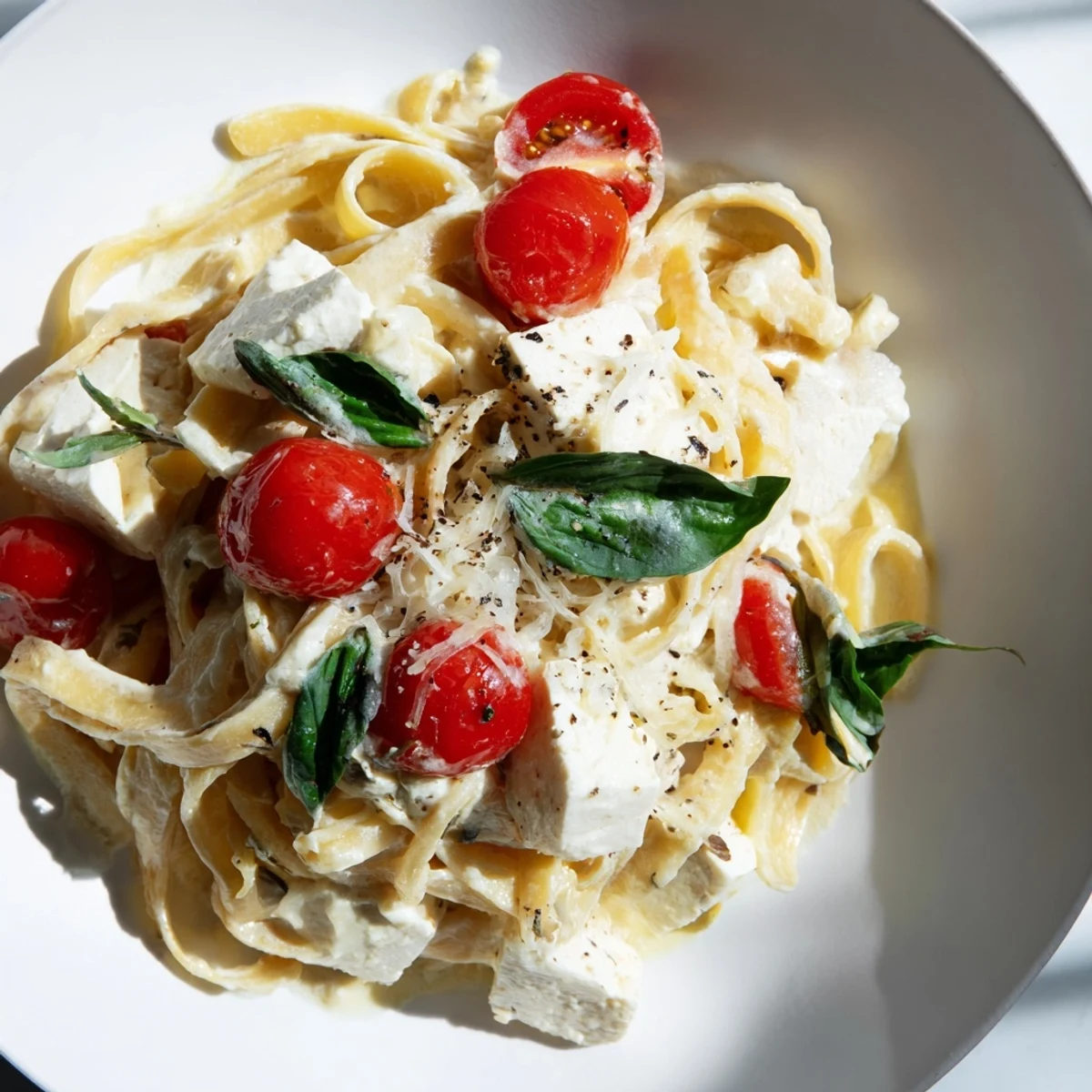 Warm bowl of Baked Brie Pasta Sauce: rich, cheesy pasta topped with fresh basil and black pepper.