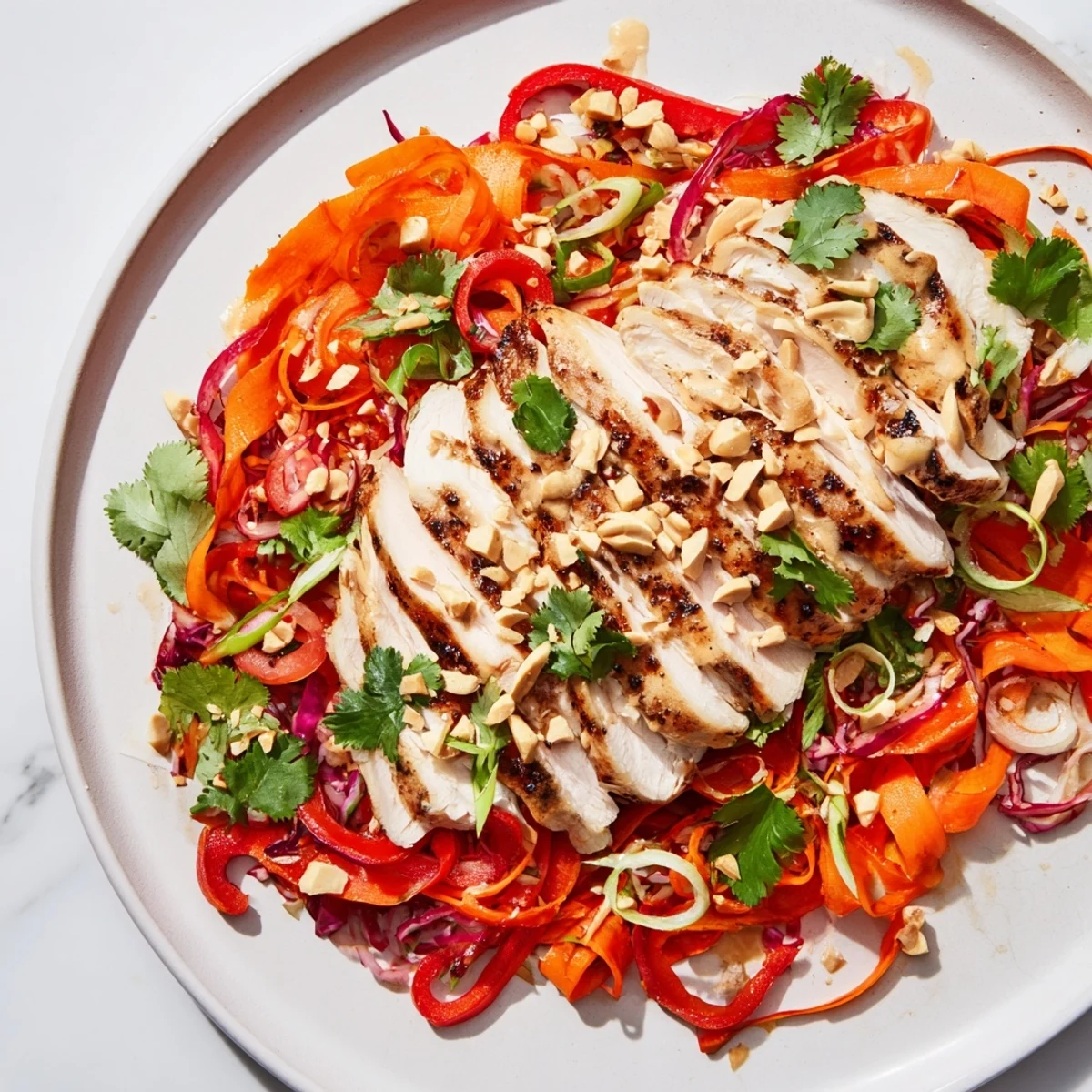 A colorful, enticing photo of Carrot Ribbon and Chicken Slaw, with tender chicken and crunchy vegetables.