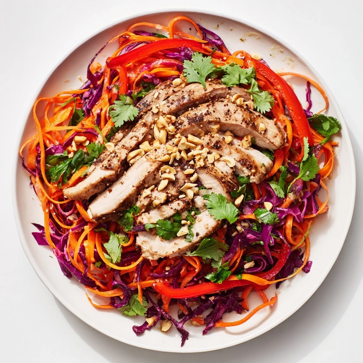 Close-up shot of a refreshing Carrot Ribbon and Chicken Slaw with roasted peanuts, ready to enjoy.