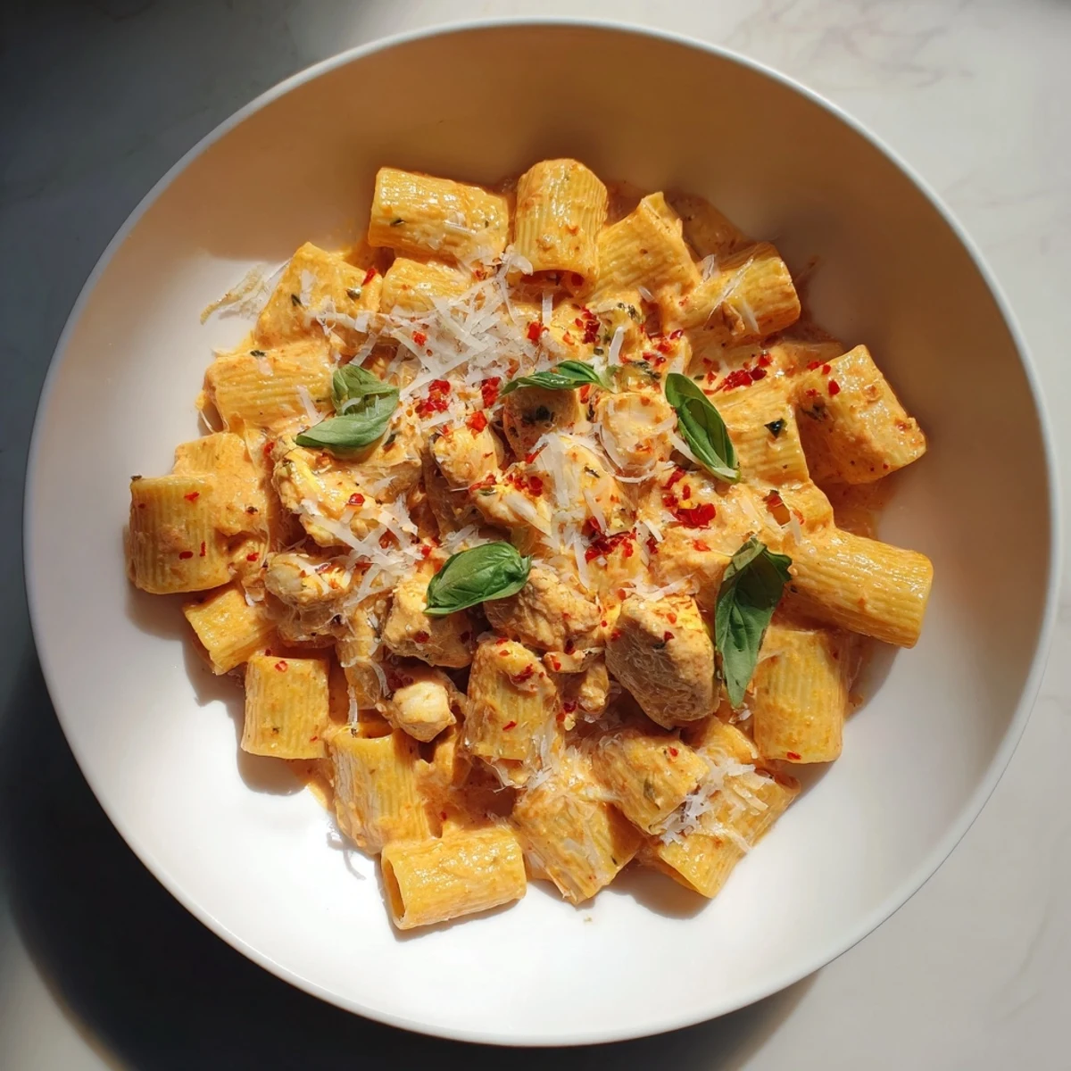 The finished plate of Spicy Vodka Chicken Pasta, topped with fresh basil and Parmesan cheese, looks divine.