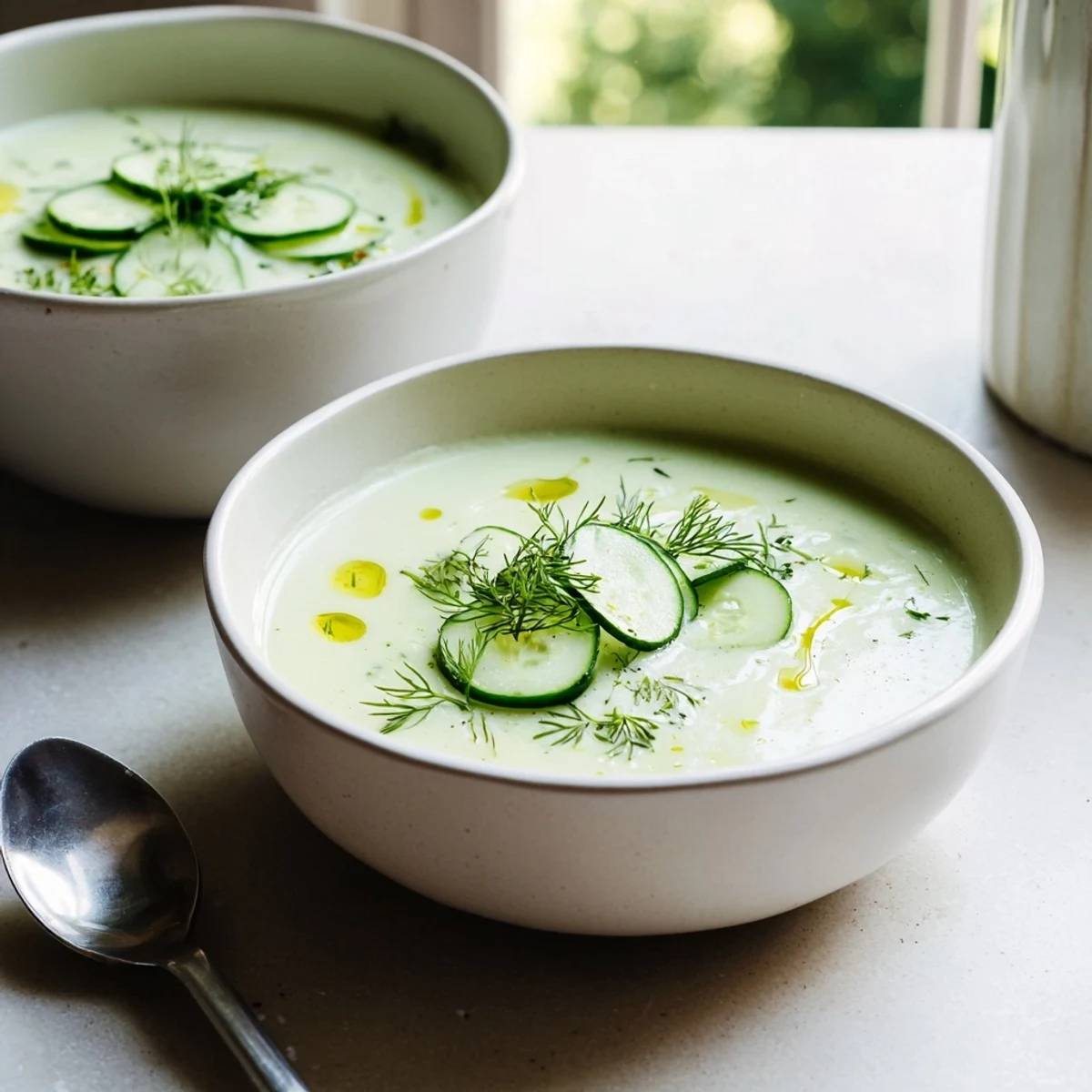 Creamy Chilled Cucumber Garlic Soup garnished with fresh dill, ready to eat on a hot day.