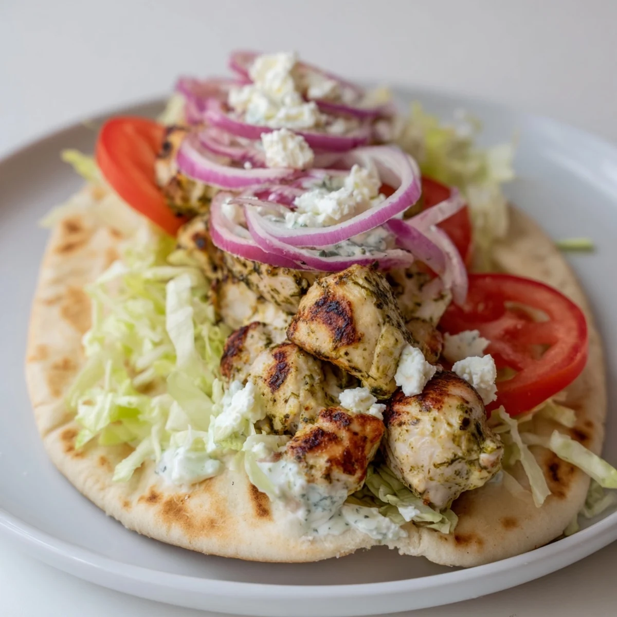 Juicy Greek Chicken Souvlaki Wraps filled with fresh vegetables, and creamy tzatziki, ready to eat.
