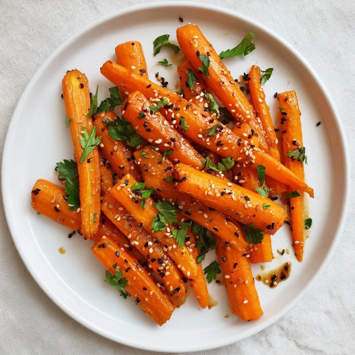 Freshly garnished Maple Mustard Roasted Carrots, a delicious vegetarian side dish, warm and sweet.