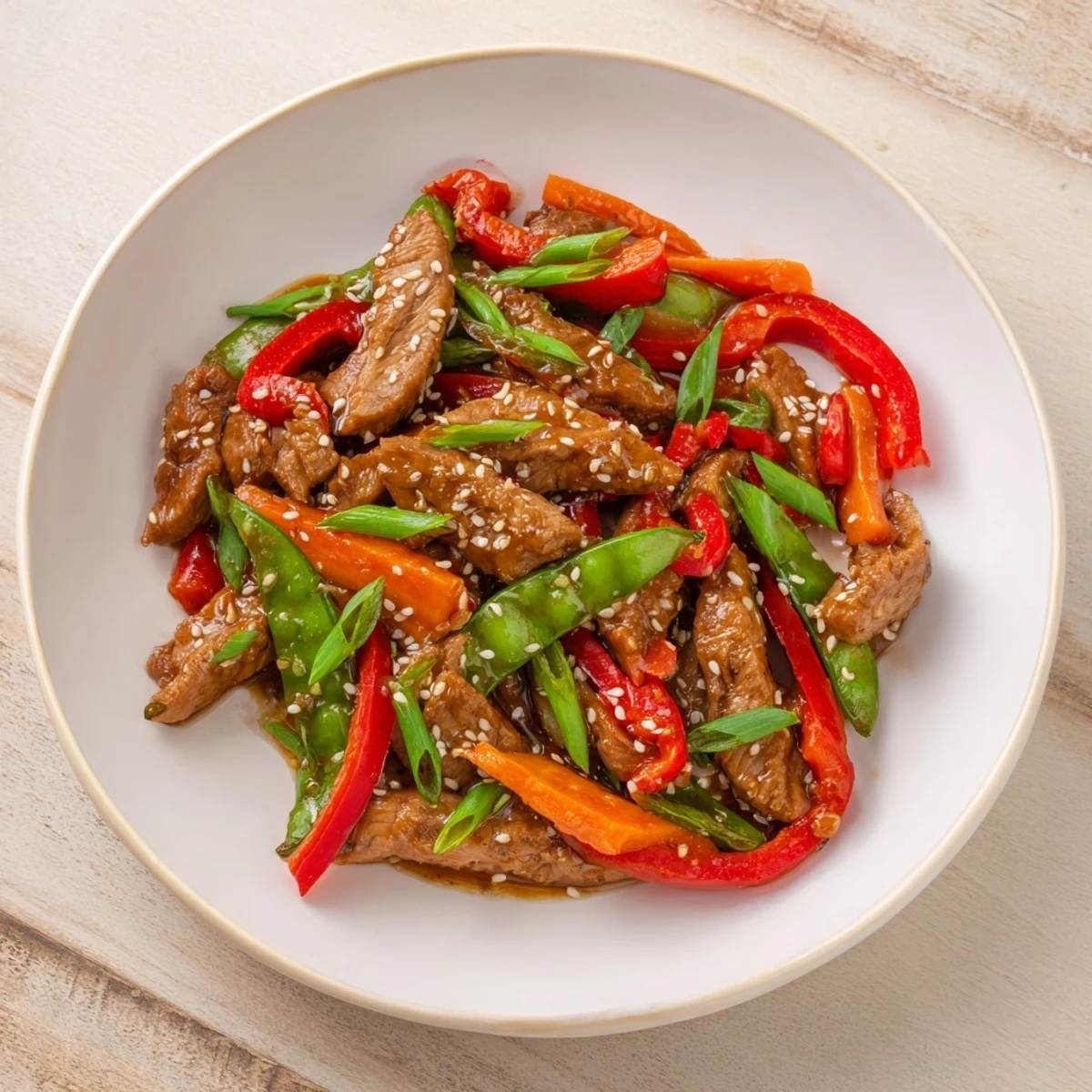 Enjoy a forkful of delicious sweet teriyaki pork stir-fry featuring sliced pork and colorful stir-fried veggies.