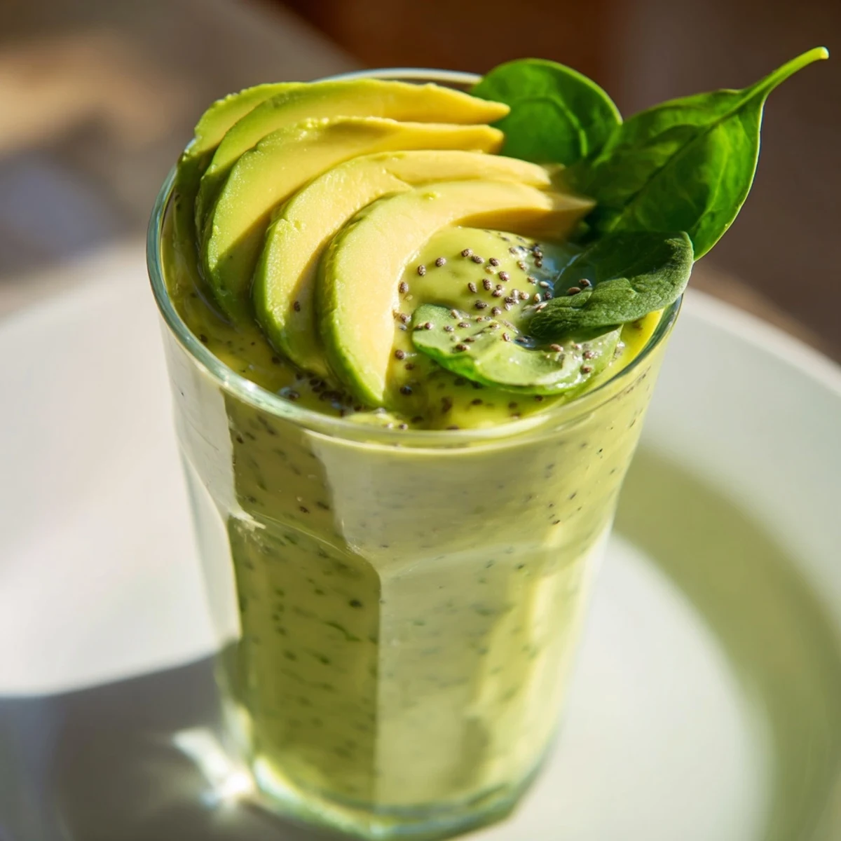 Creamy green spinach avocado smoothie, ready to drink, a healthy refreshing breakfast choice.