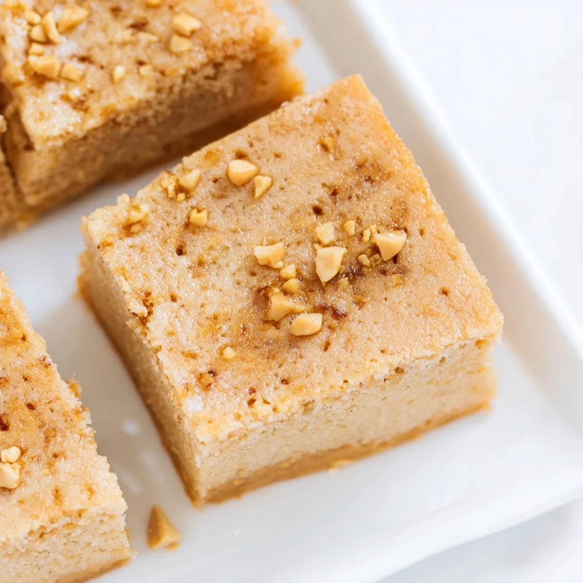 Warm Peanut Butter Mochi Cake with a glistening, subtly sweet surface; imagine that soft, rich flavor.