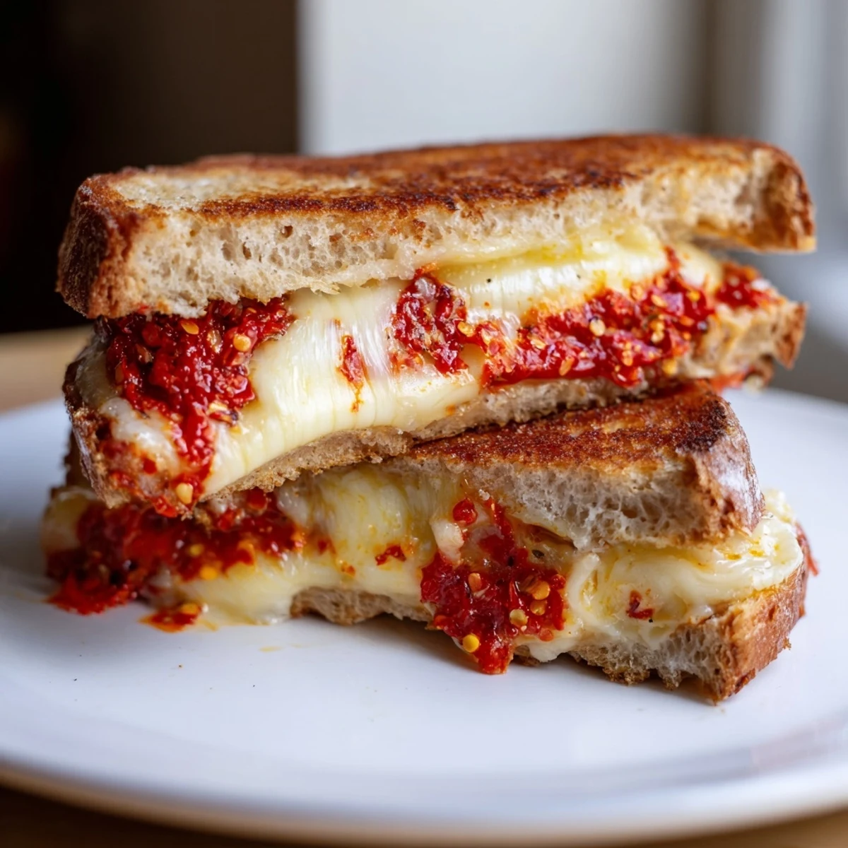 Imagine this: A close-up view of the perfectly browned Brie and Chili Crisp Grilled Cheese, ready to eat.