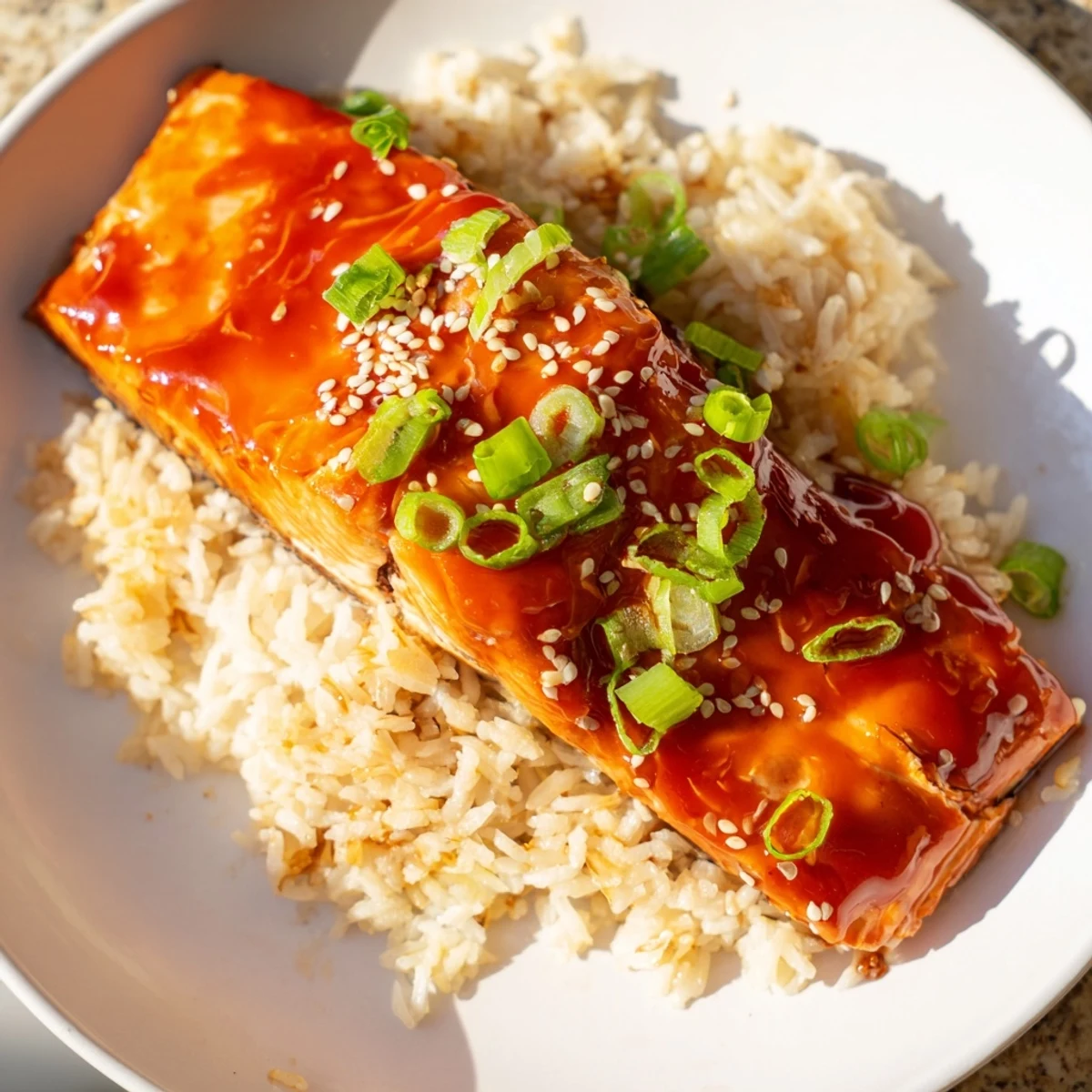 Glistening Sticky Orange Salmon served atop fluffy rice, ready to enjoy this Asian-inspired recipe.