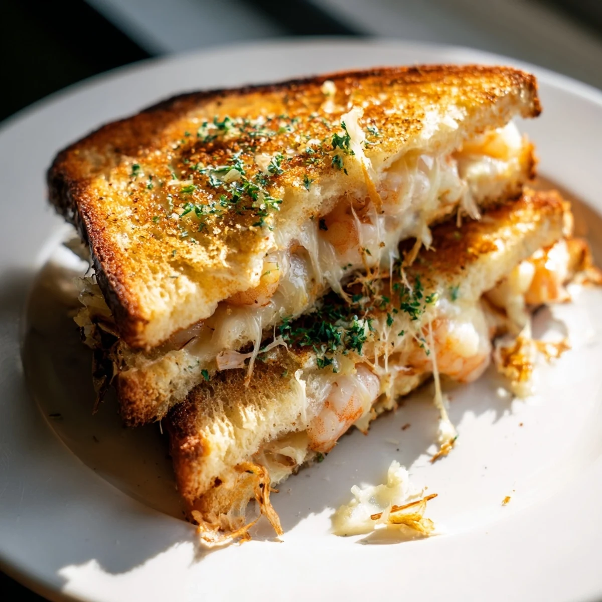 Quick Shrimp Grilled Cheese: Golden, melted cheese oozing from toasted sourdough, packed with flavorful garlic shrimp.