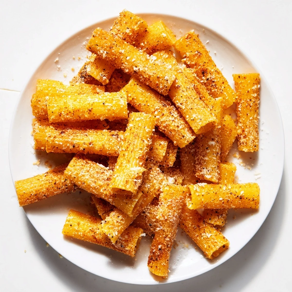 Golden crunchy Parmesan pasta chips arranged on a plate—perfect for a savory snack.