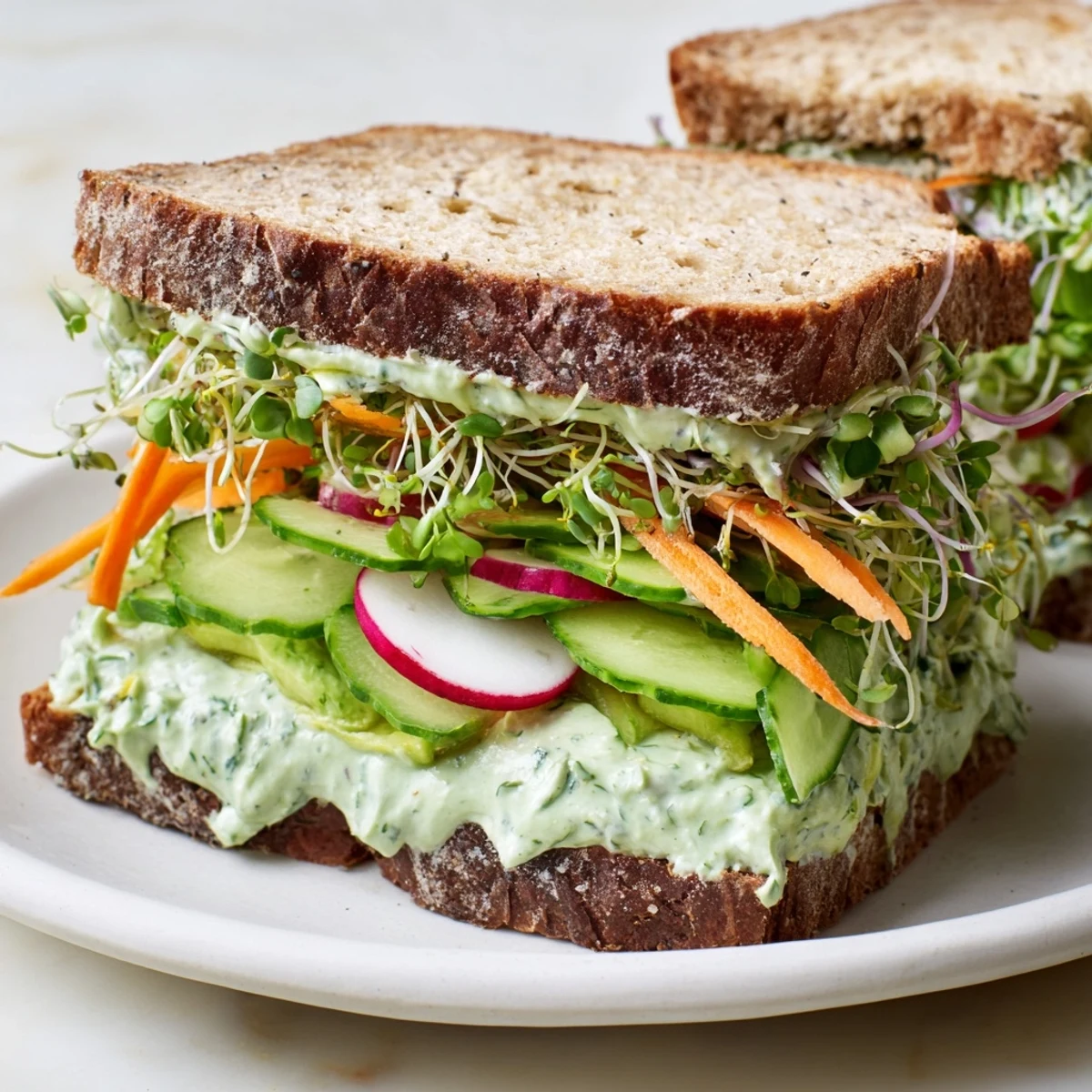 Fresh Green Goddess Sandwich, bursting with vibrant green herbs and layered vegetables on toasted bread.