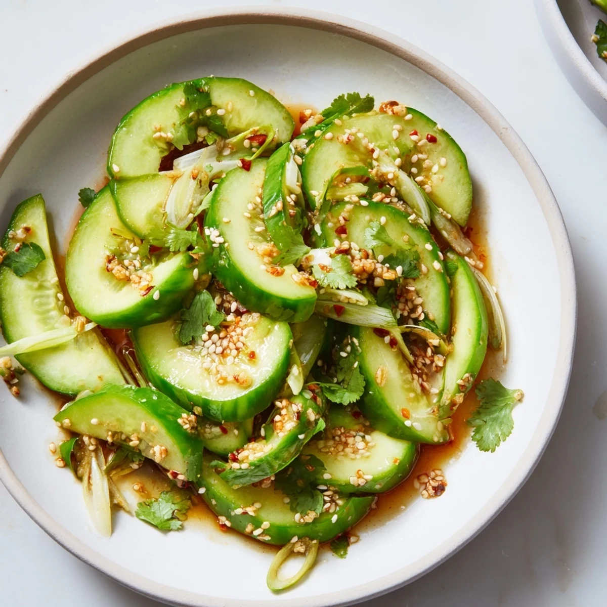 Tangy Zesty Shake Cucumber Salad showcased; sliced cucumbers and scallions coated in a flavorful, spicy dressing.