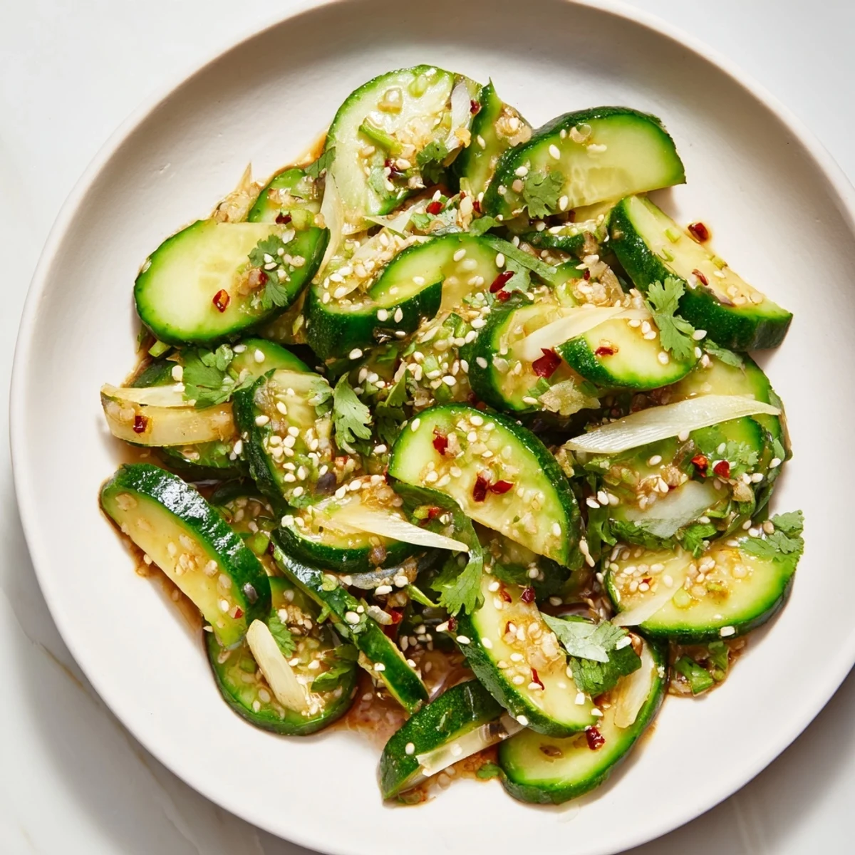 Close-up of a chilled Zesty Shake Cucumber Salad, garnished with sesame seeds, perfect as a refreshing side.