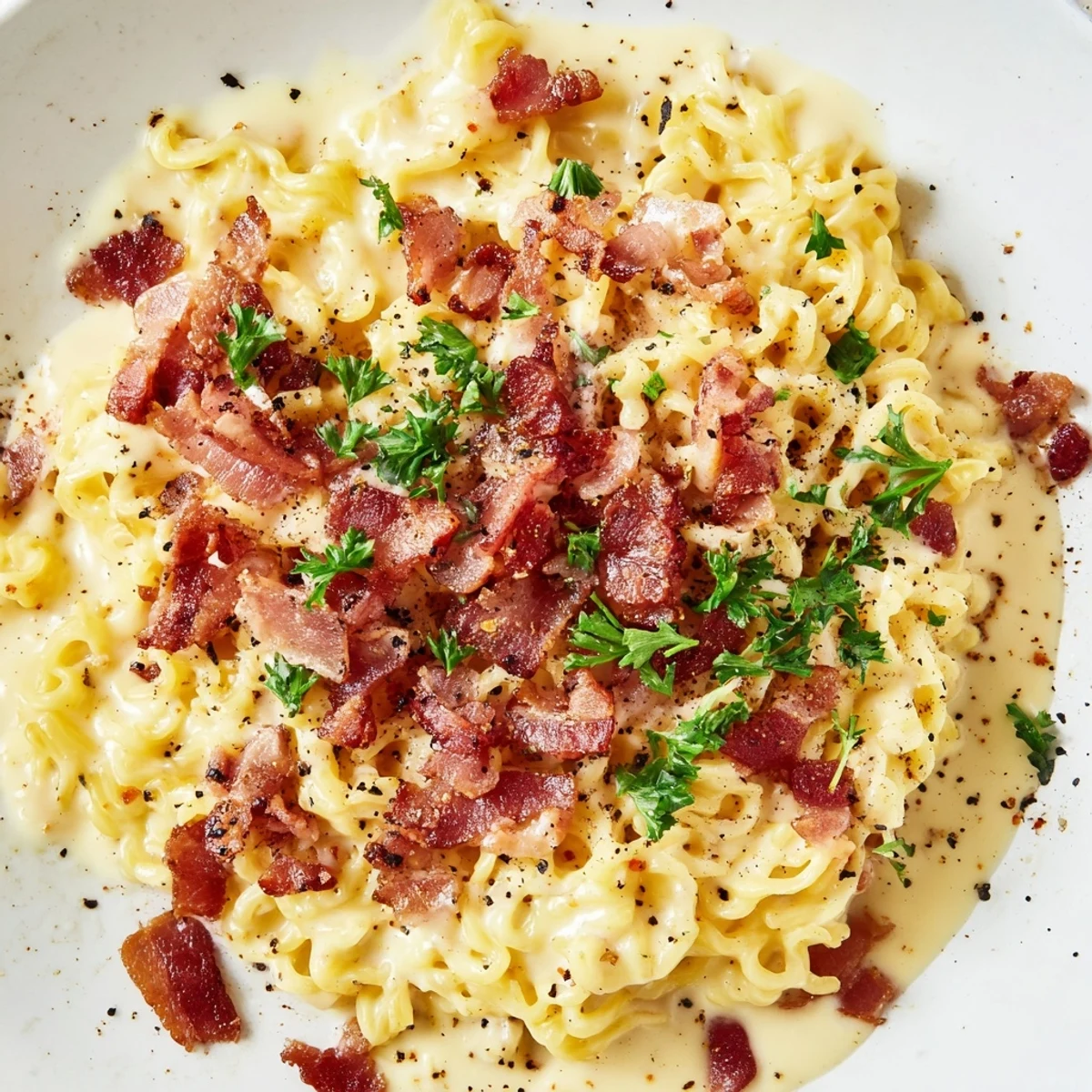 Creamy Ramen Carbonara hack, noodles coated in a rich, cheesy sauce, ready to be enjoyed.